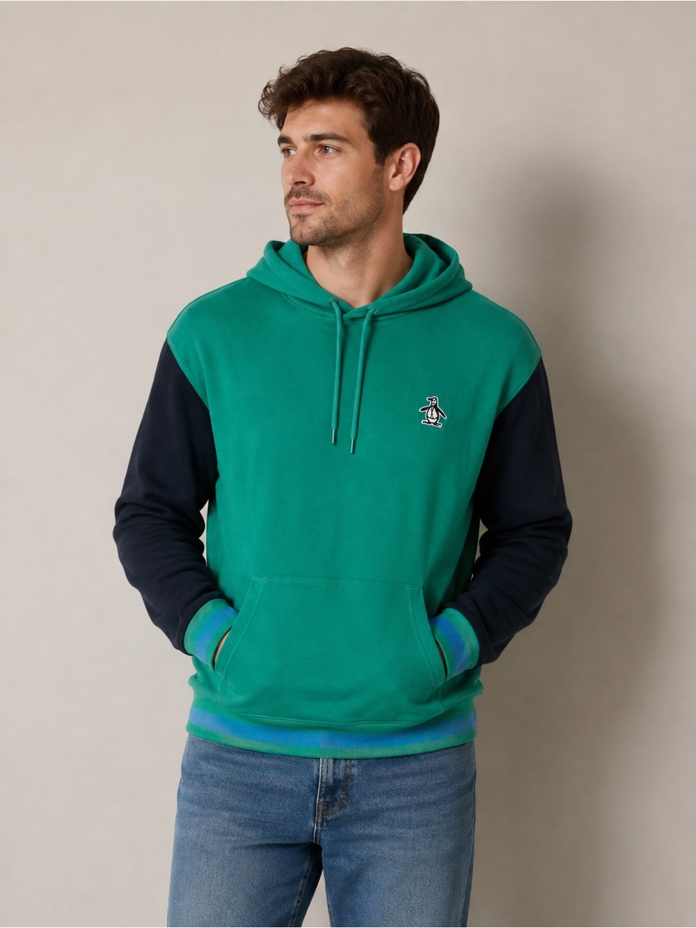 Original Penguin Men’s Medium Green Navy Colorblock Pullover Hoodie
